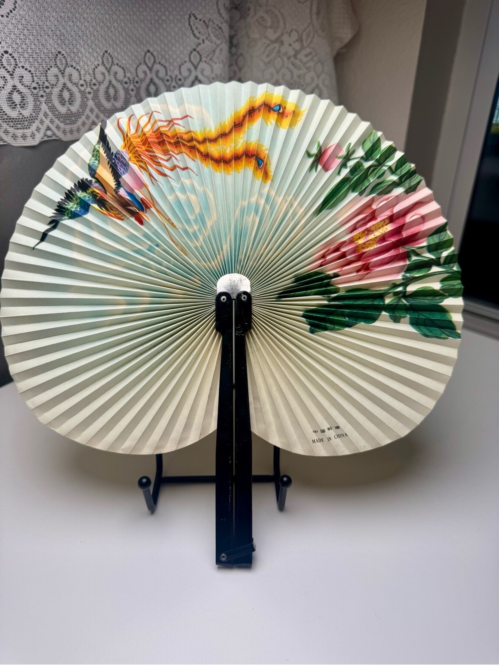 Vintage Chinese Handheld Folding Fan with Floral, Phoenix & Bird Motif. 10 1/2”